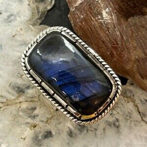 Sterling Silver Southwestern Style Rectangle Labradorite Ring Size 8 For Women